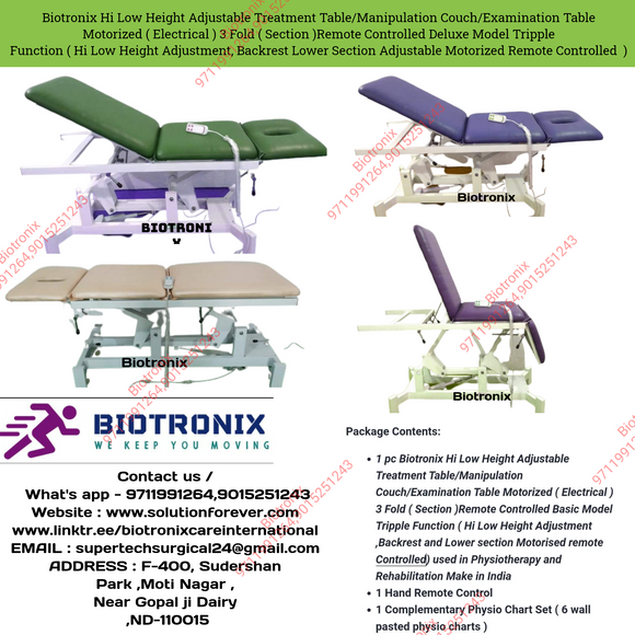 Biotronix Hi Low Height Adjustable Treatment Table/Manipulation Couch/Examination Table Motorized ( Electrical )3 Fold( Section )Remote Controlled Super Deluxe Model Triple Function ( Hi Low Height Adjustment,Backrest and Lower Section Motorized)