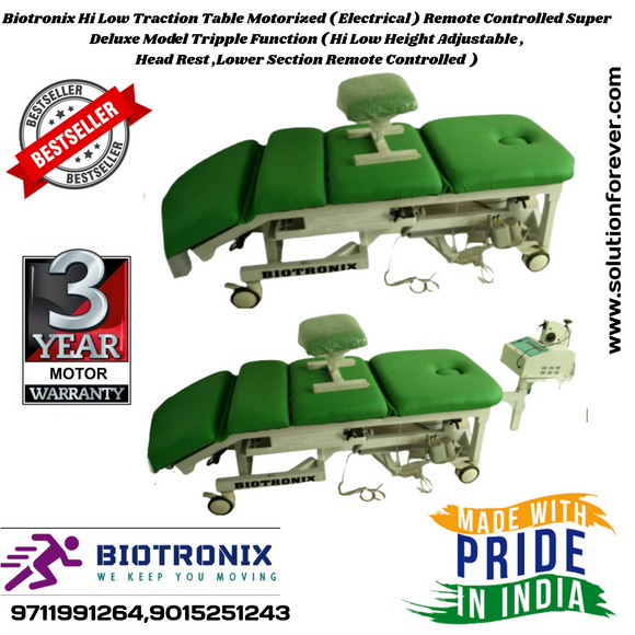 Biotronix Hi Low Traction Table Motorized Remote Controlled Super Deluxe Model Tripple Function ( Hi Low Height Adjustable ,Head Rest ,Lower Section Remote Controlled  )Make in India 3 Year Motor warranty