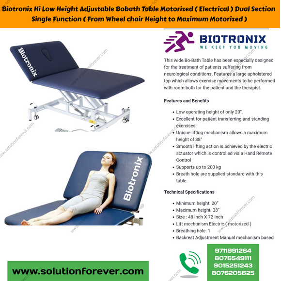 Biotronix Hi Low Height Adjustable Bobath Table Motorized ( Electrical ) Dual Section Dual Function ( From Wheel chair Height to Maximum and Backrest Adjustment Motorized ) used in Physiotherapy and Rehabilitation Adjustment Motorized )