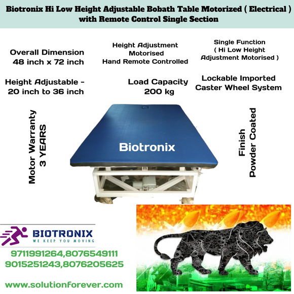 ﻿Biotronix Hi Low Height Adjustable Bobath Table Motorized ( Electrical ) with Remote Control Single Section used in Physiotherapy and Rehabilitation