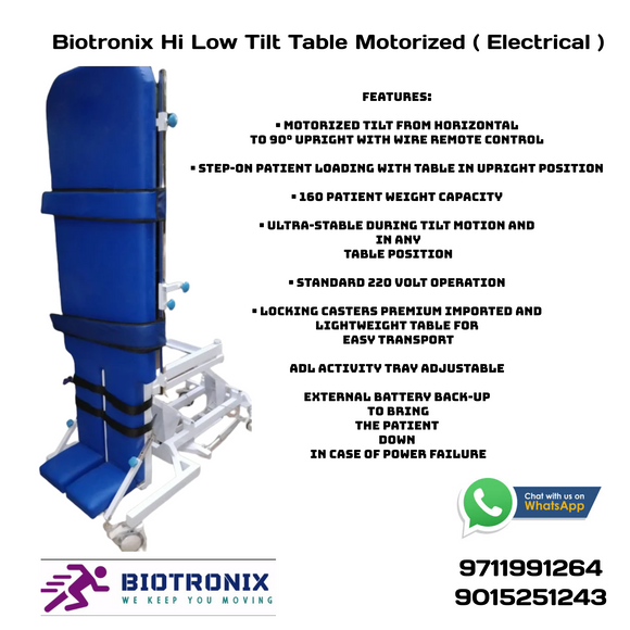 Biotronix Hi Low Height Adjustable Tilt Table Motorized ( Electrical ) Remote Controlled Premium Model used in Physiotherapy and Rehabilitation Make in India with 3 Year Motor Warranty