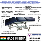 Biotronix Hi Low Height Adjustable Treatment Table/Manipulation Couch/Examination Table Motorized ( Electrical ) 3 Fold ( Section )Remote Controlled Basic Model Single Function ( Hi Low Height Adjustment ) used in Physiotherapy and Rehabilitation