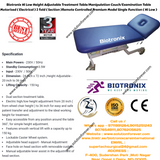Biotronix Hi Low Height Adjustable Treatment Table/Manipulation Couch/Examination Table Motorized ( Electrical ) 2 fold ( Section )Remote Controlled Basic Model Single Function ( Hi Low ) used in Physiotherapy and Rehabilitation Make in India
