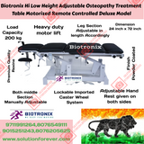 Biotronix Hi Low Height Adjustable Osteopathy Treatment Table Motorized Remote Controlled Deluxe Model used in Physiotherapy and Rehabilitation Make in India