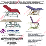 Biotronix Hi Low Height Adjustable Treatment Table/Manipulation Couch/Examination Table Motorized ( Electrical ) 3 Fold ( Section )Remote Controlled Deluxe Model Dual Function ( Hi Low Height Adjustment and Backrest Adjustment Motorized )