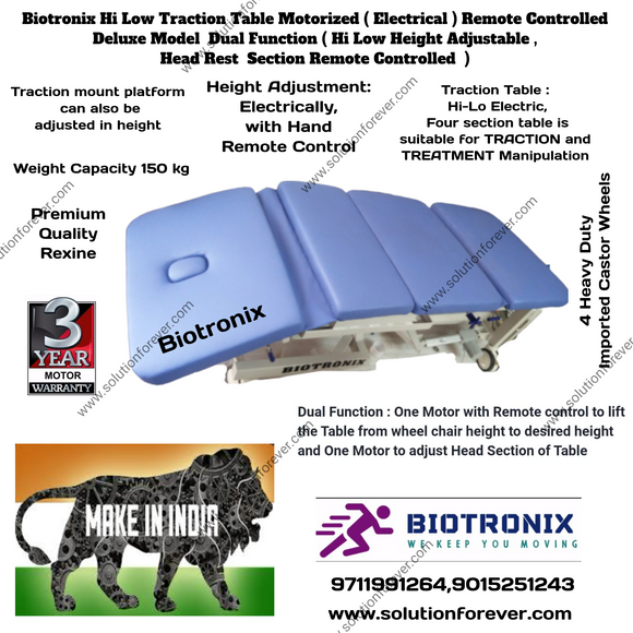 Biotronix Hi Low Traction Table Motorized ( Electrical ) Remote Controlled Deluxe Model Dual Function ( Hi Low Height Adjustable and Head Rest Remote Controlled  )  used in Physiotherapy and Rehabilitation Make in India 3 Year Motor warranty