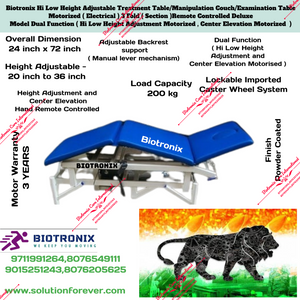 Biotronix Hi Low Height Adjustable Treatment Table/Manipulation Couch/Examination Table Motorized ( Electrical ) 3 Fold ( Section )Remote Controlled Deluxe Model Dual Function(Hi Low Height Adjustment and Center Elevation Motorized)used in Physiotherapy