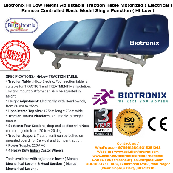 Biotronix Hi Low Height Adjustable Traction Table Motorized ( Electrical ) Remote Controlled Basic Model Single Function ( Hi Low )  used in Physiotherapy and Rehabilitation Make in India with 3 Year Motor Warranty
