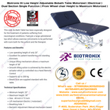 ﻿﻿Biotronix Hi Low Height Adjustable Bobath Table Motorized ( Electrical ) Dual Section Single Function ( From Wheel chair Height to Maximum Motorized )  used in Physiotherapy and Rehabilitation