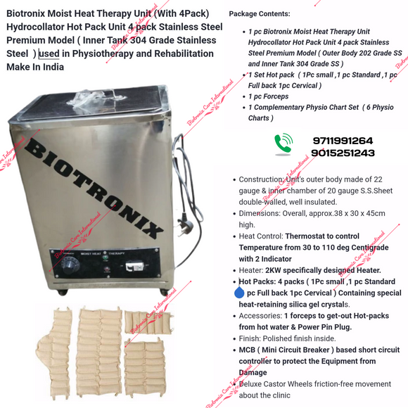 Biotronix Moist Heat Therapy Unit (With 4Pack) Hydrocollator Hot Pack Unit 4 pack Stainless Steel  Premium Model ( Inner Tank 304 Grade Stainless Steel  ) used in Physiotherapy and Rehabilitation Make In India