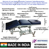 Biotronix Hi Low Height Adjustable Treatment Table/Manipulation Couch/Examination Table Motorized ( Electrical ) 3 Fold ( Section )Remote Controlled Basic Model Single Function ( Hi Low Height Adjustment ) used in Physiotherapy and Rehabilitation