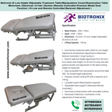 Biotronix Hi Low Height Adjustable Treatment Table/Manipulation Couch/Examination Table Motorized ( Electrical ) 2 fold ( Section )Remote Controlled Premium Model Dual Function ( Hi Low  and Remote Controlled Backrest Adjustment ) used in Physiotherapy